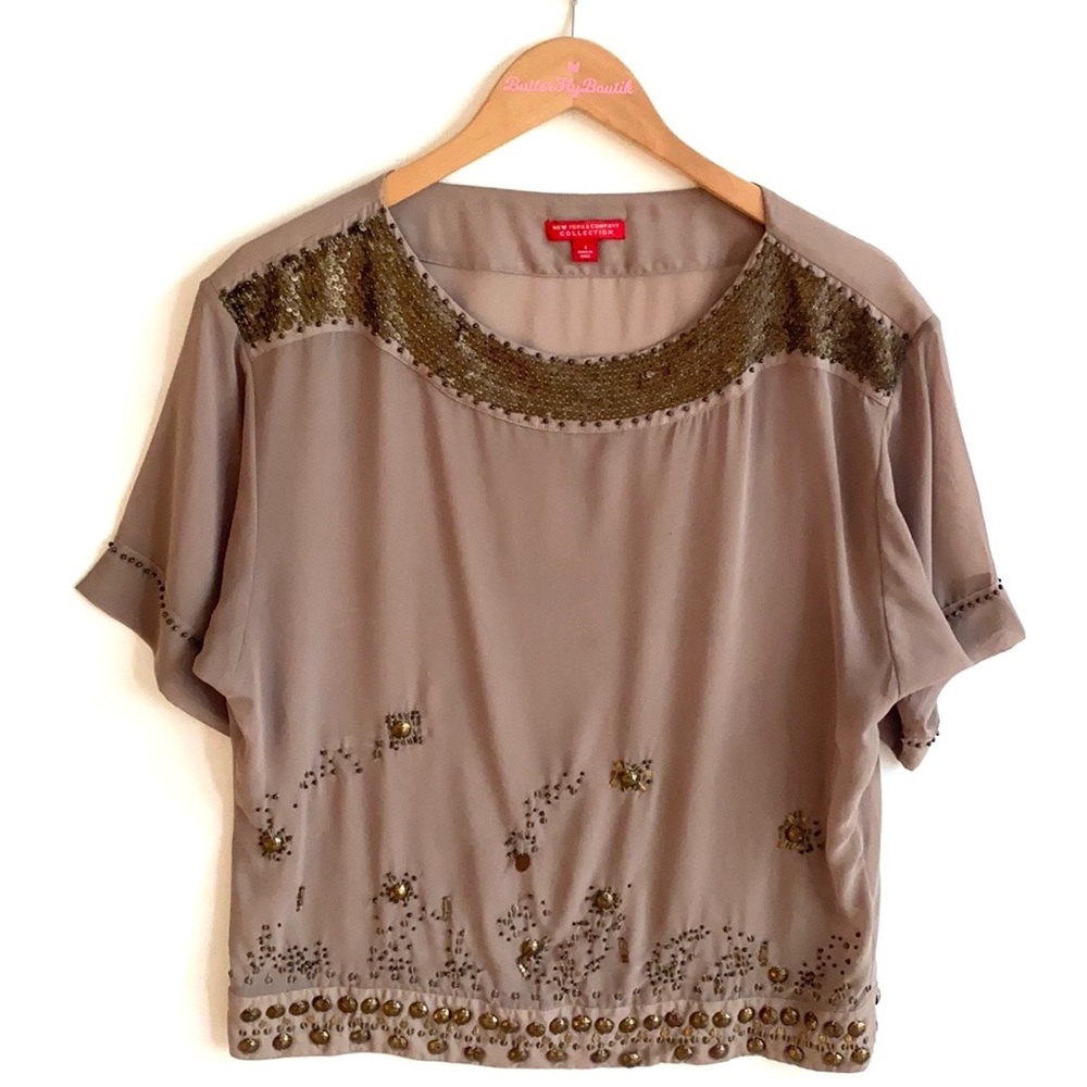 NY & Co. Brown Sheer embellished blouse, Size S